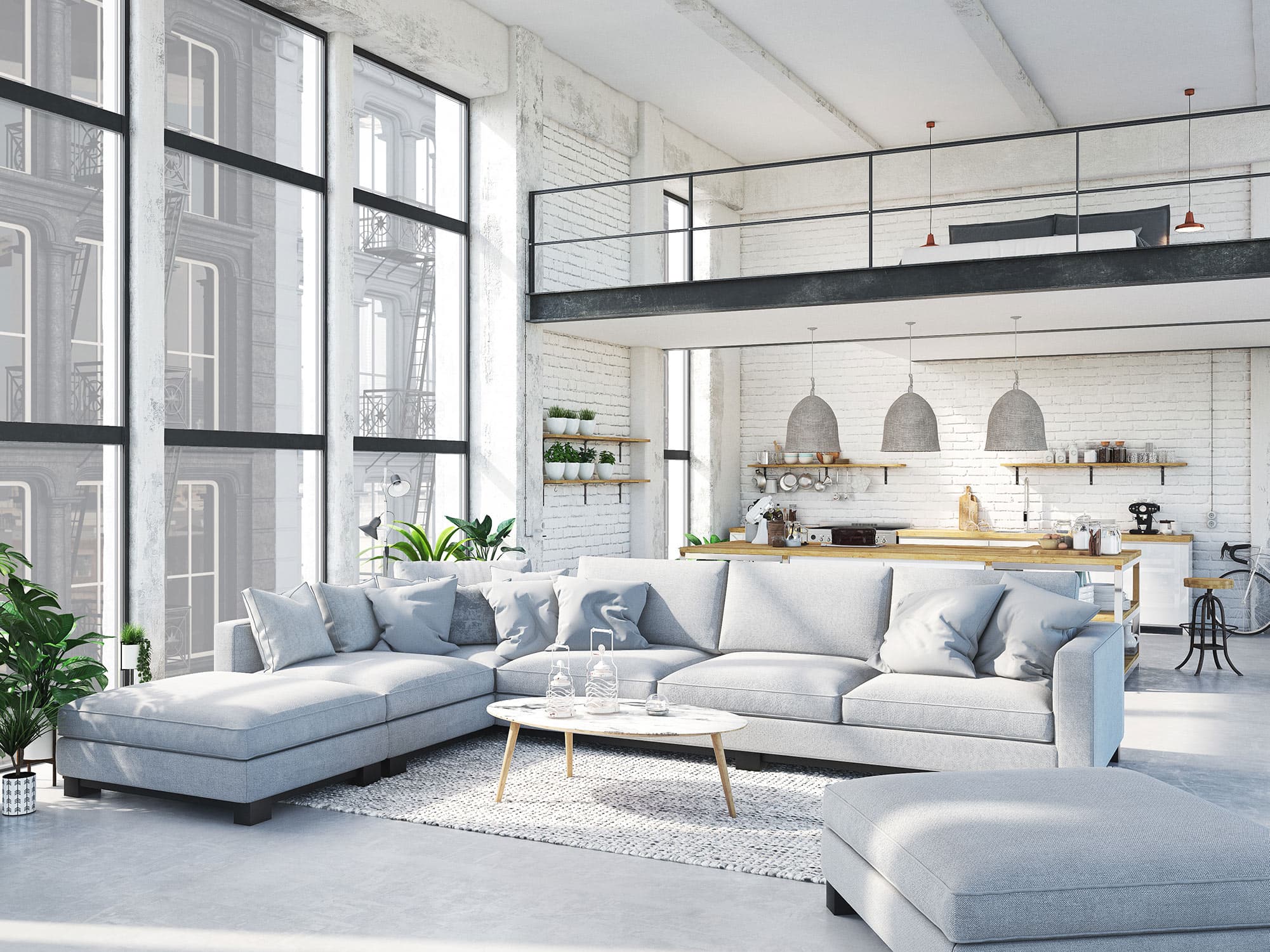 NYC loft apartment with brick buildings visible through the windows
